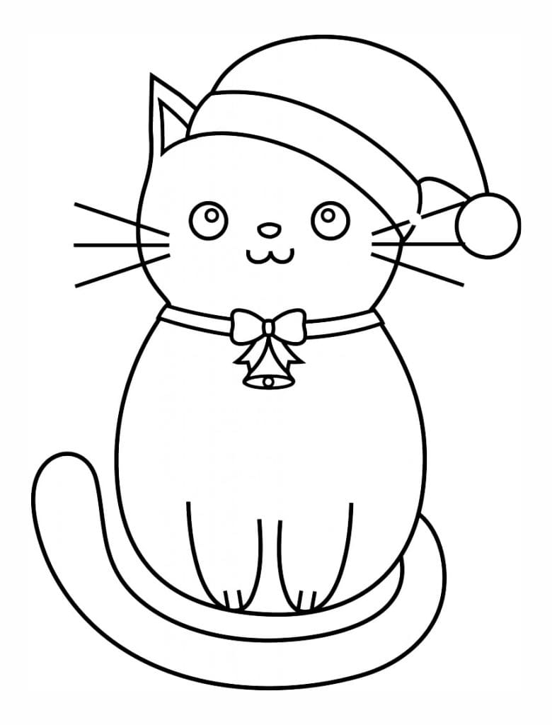 Coloring page of a cat wearing a Santa hat.