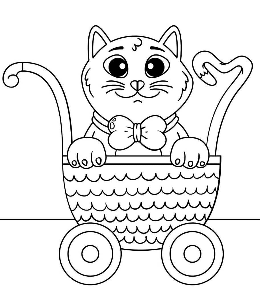 
Coloring page of a cat holding a baby stroller.