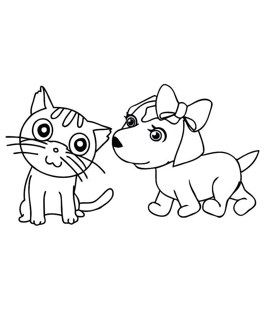 Coloring page of a cat and a dog.