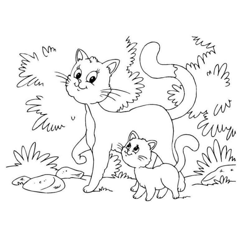 Coloring page of a mother cat walking with her kitten.