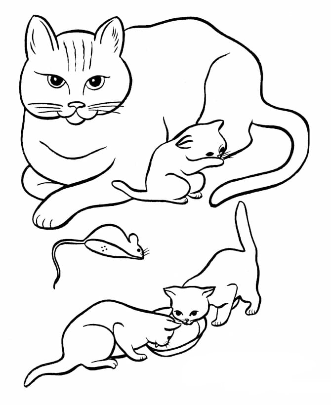 Coloring page of a mother cat relaxing with her three kittens.