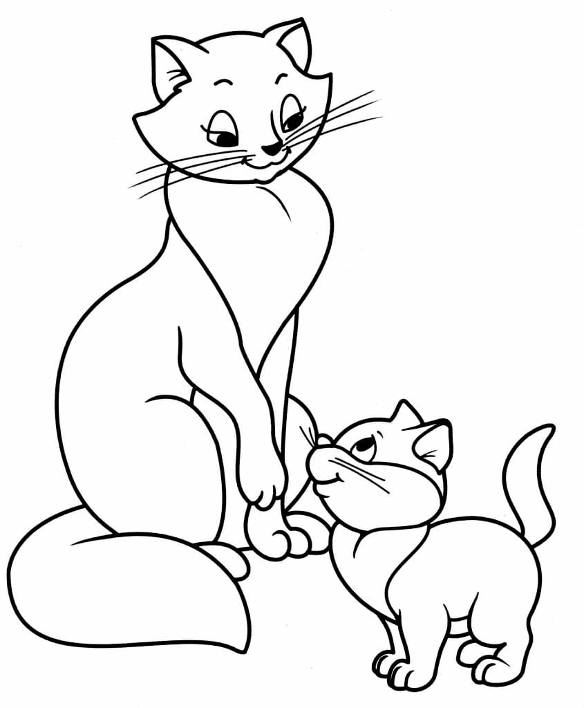 Coloring page of a mother cat and her kitten, perfect for painting.