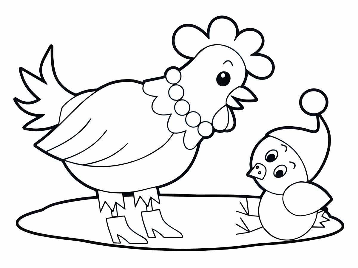 Chicken and Chick on Rug Coloring Page