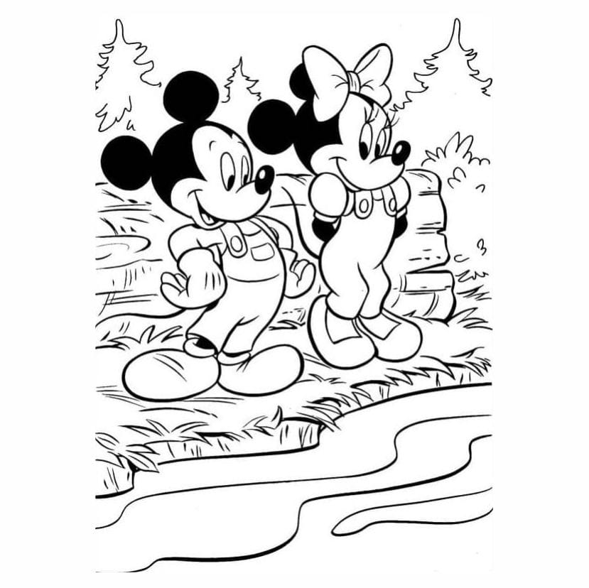 Coloring Drawing of Minnie and Mickey in Nature