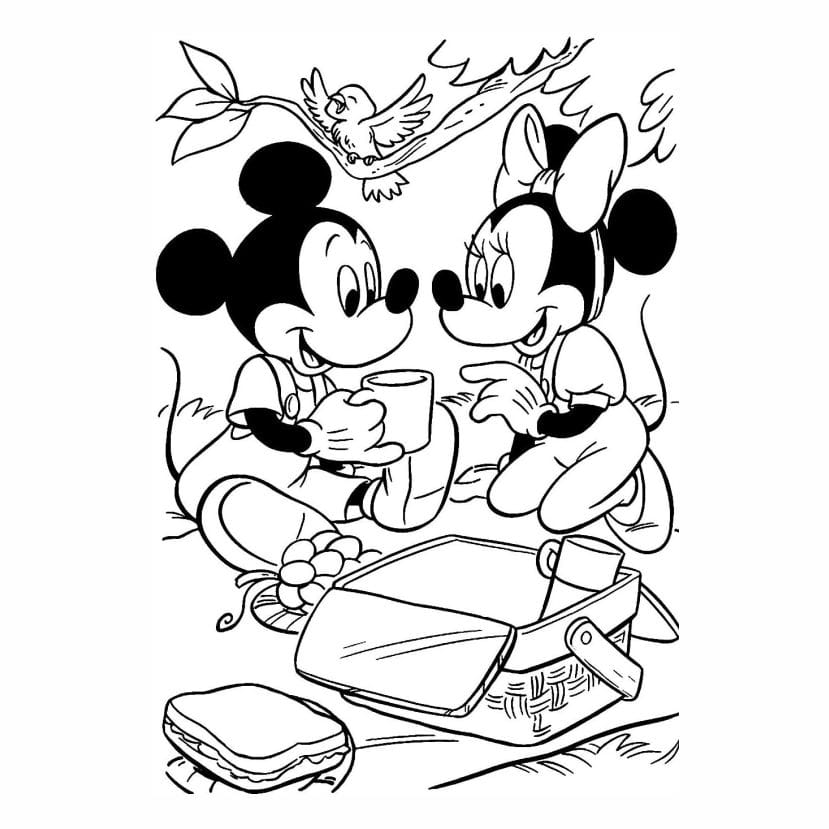 Coloring Drawing of Minnie and Mickey Picnic