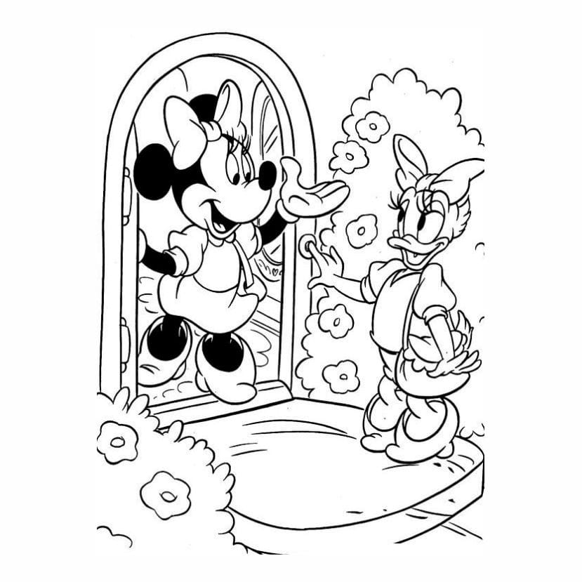 Coloring Drawing of Minnie Opening Door for Daisy