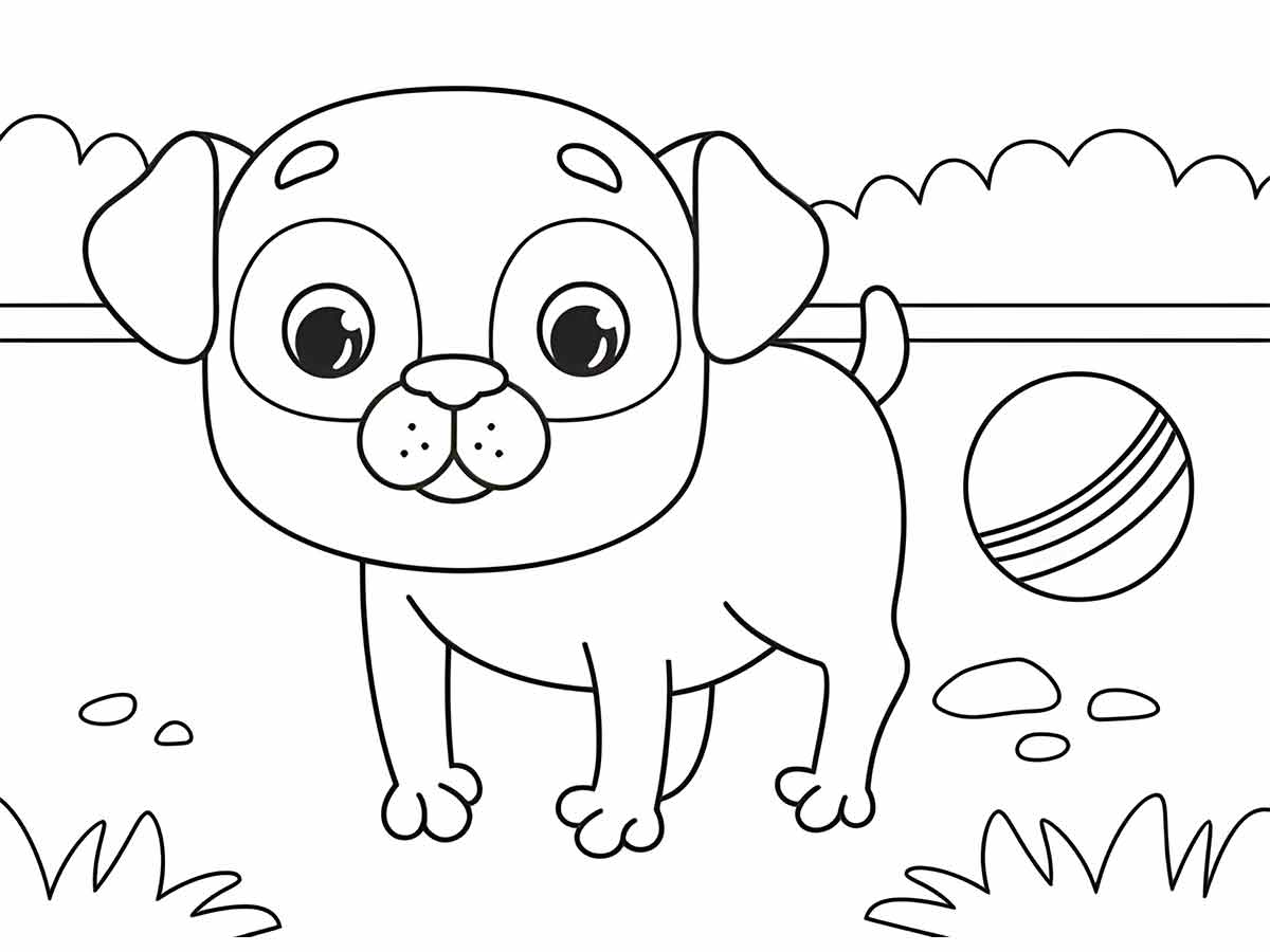 Coloring page of a pug in a park. The dog is standing, facing the viewer, with a striped ball beside it. The background is a grassy field with rocks and a tree. The image is in cartoon style.