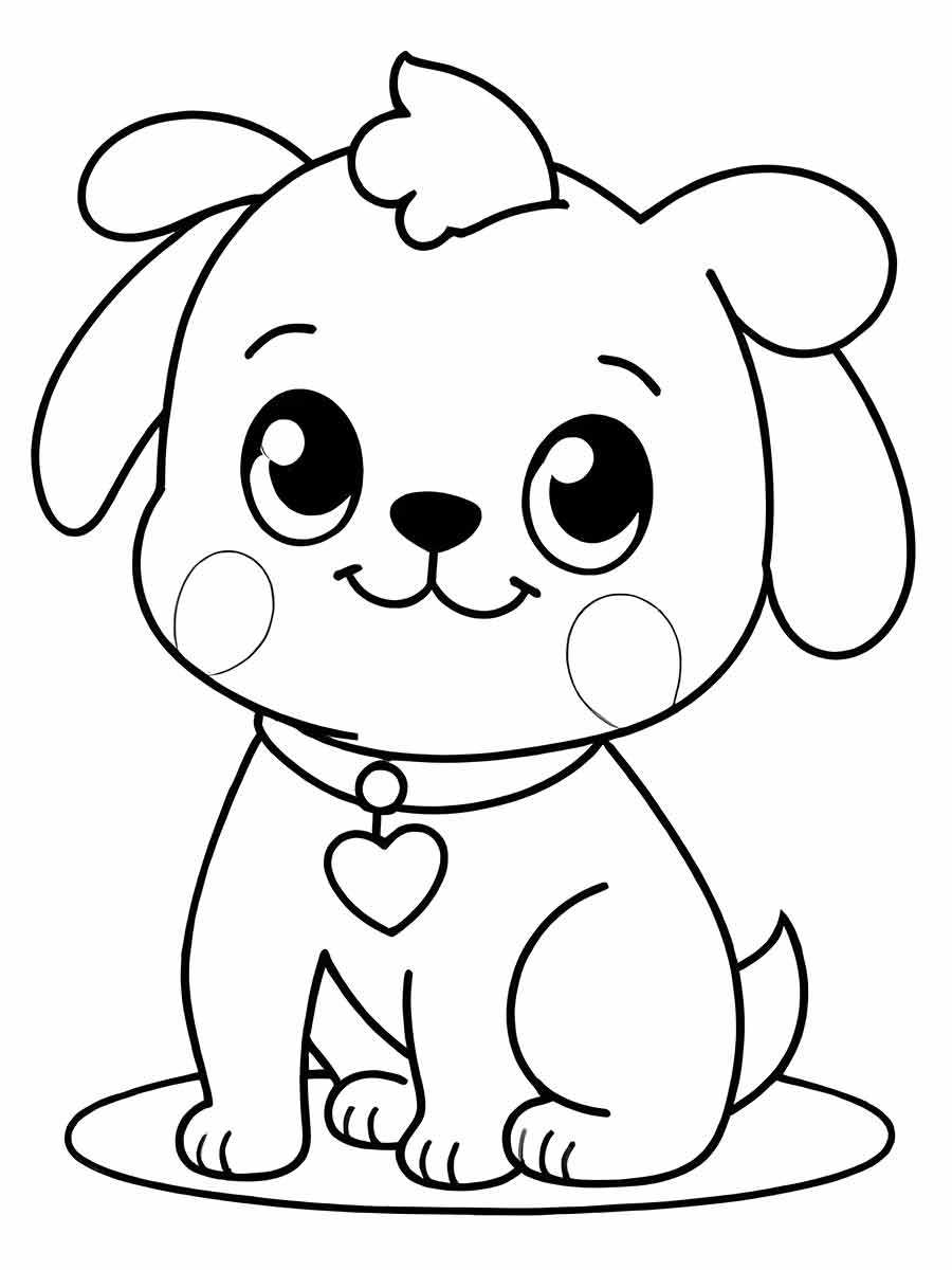 Coloring page of a cartoon dog standing, with a large round head, prominent nose, and wide smile. It has floppy ears and a wagging tail. The animal's body is small compared to its head.