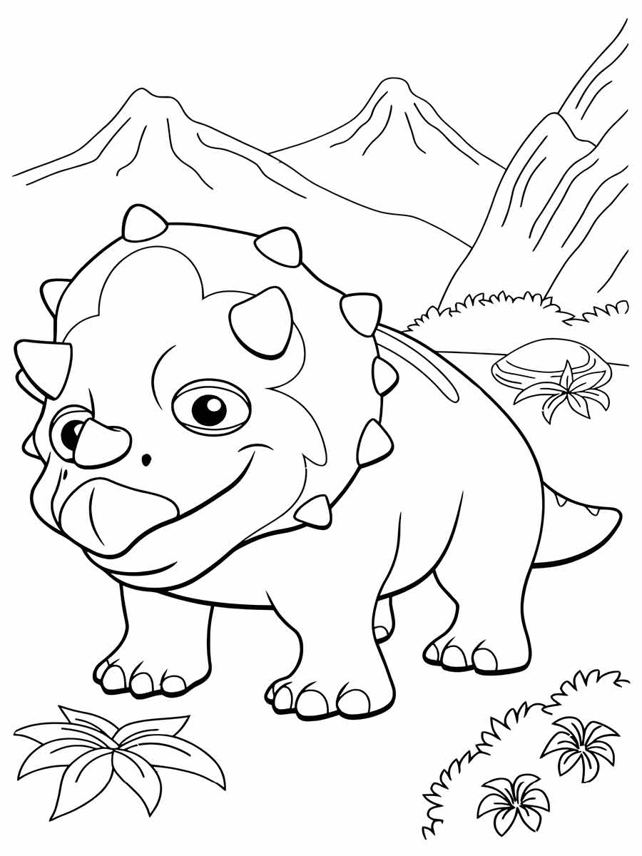 Coloring page of a dinosaur on a mountain.