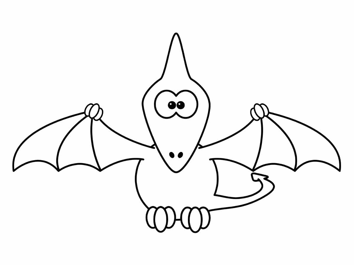 Coloring page of a dinosaur with open wings.