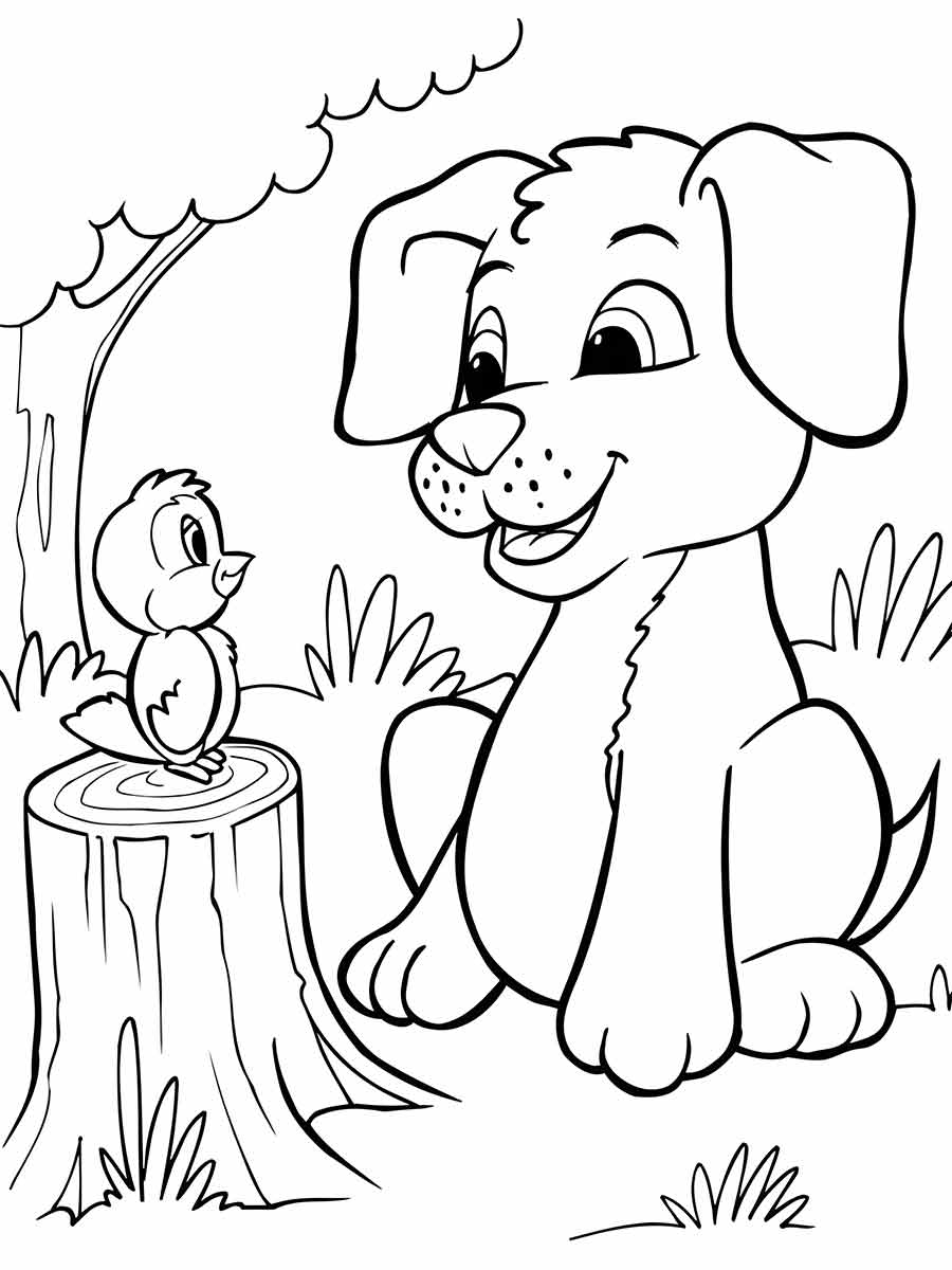 A black and white drawing of a large dog and a bird in a forest. The dog, with floppy ears and a large nose, is sitting on its hind legs looking at the bird. The bird is a small songbird with a round body and pointed beak, perched on a tree stump. The background consists of a tree, bushes, and grass. It is a delightful image to color!