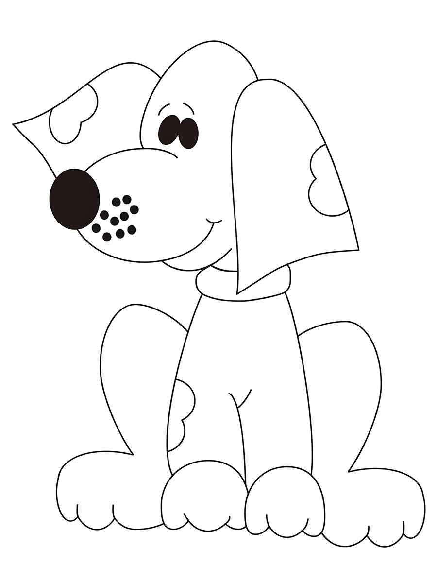 Coloring page of a dog sitting on its hind legs with its front paws on the ground. It has a big head with floppy ears and a large nose. It is wearing a collar.