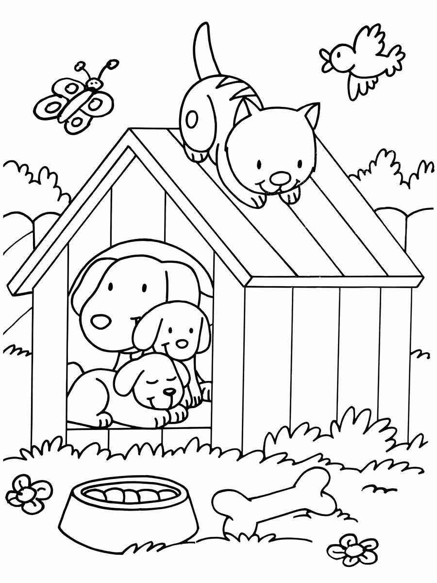 Dogs and cat coloring page