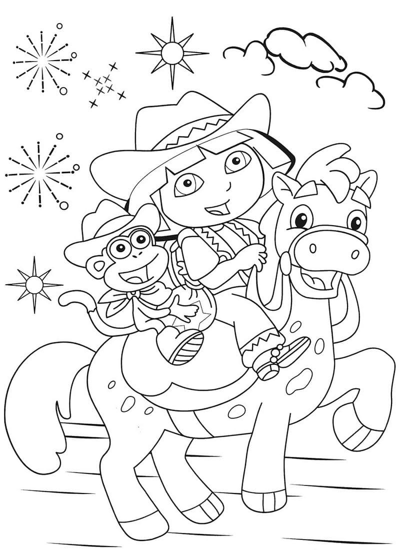 Dora the Explorer and Boots riding a horse coloring pages