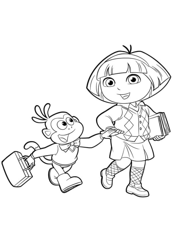 Dora the Explorer and Boots going to school coloring pages