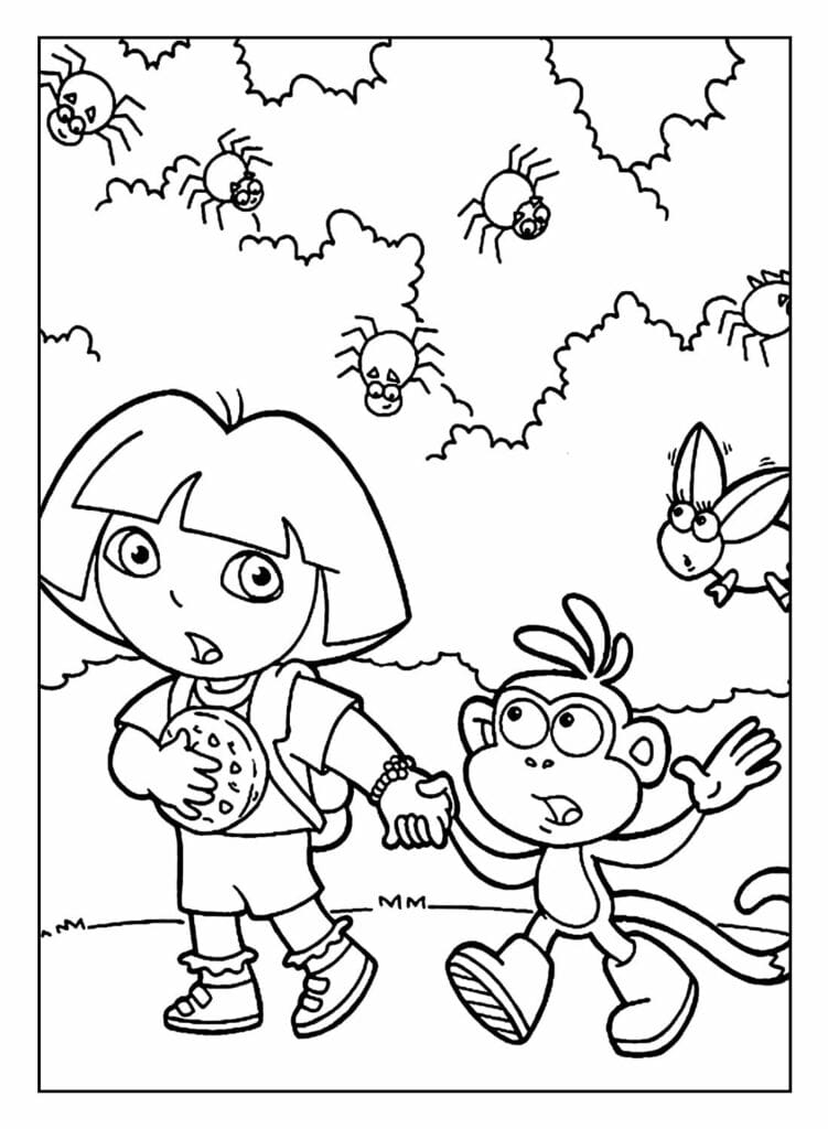 Dora the Explorer and Boots in a forest full of spiders coloring pages