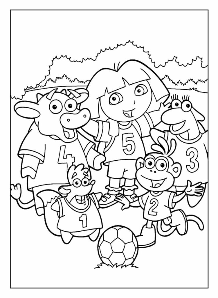 Dora the Explorer, Swiper, Benny, Isa, and Boots playing soccer coloring pages