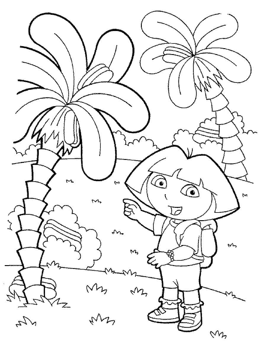 Dora the Explorer next to two palm trees coloring pages