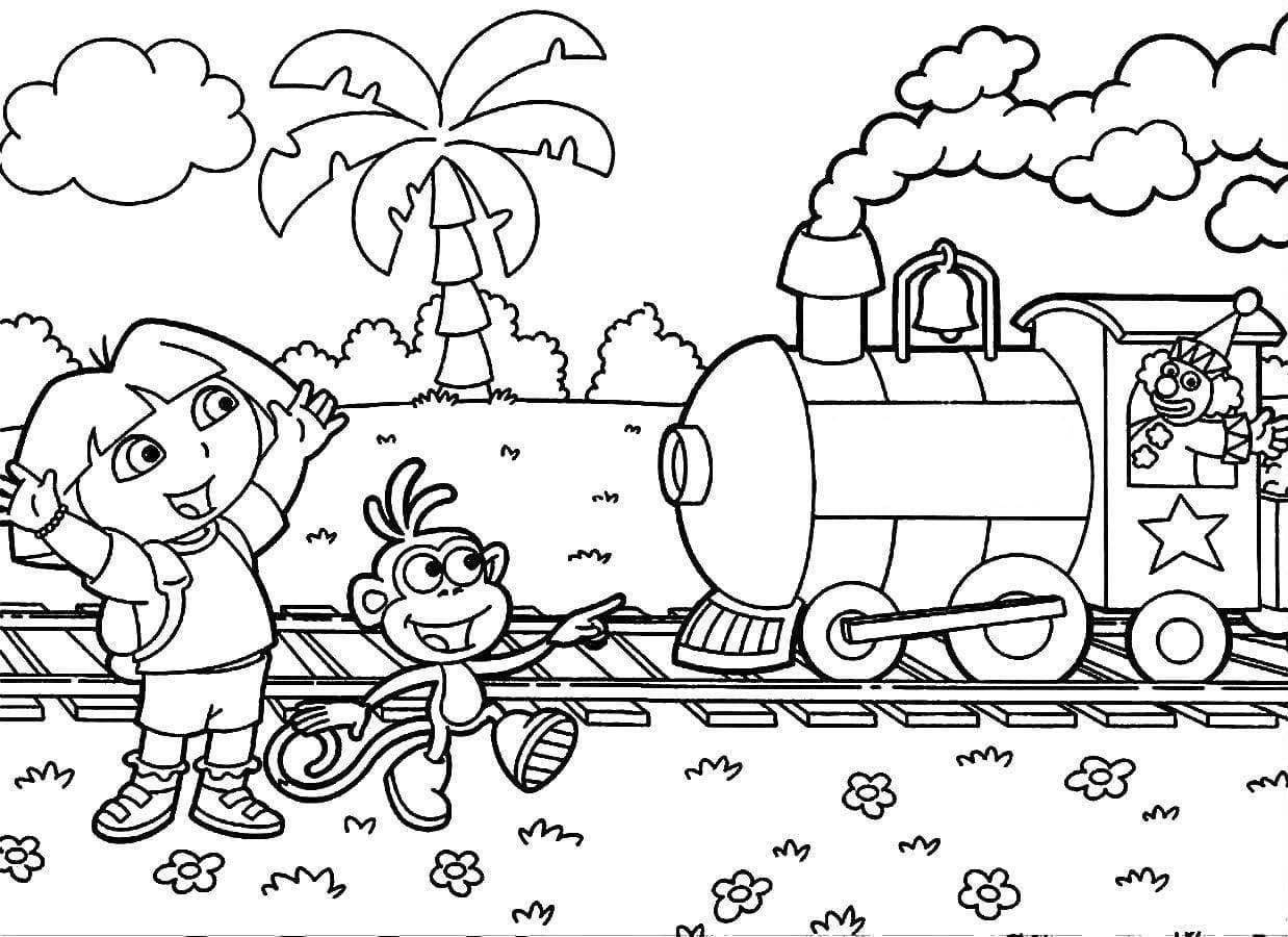 Dora the Explorer and Boots waving to the train coloring pages