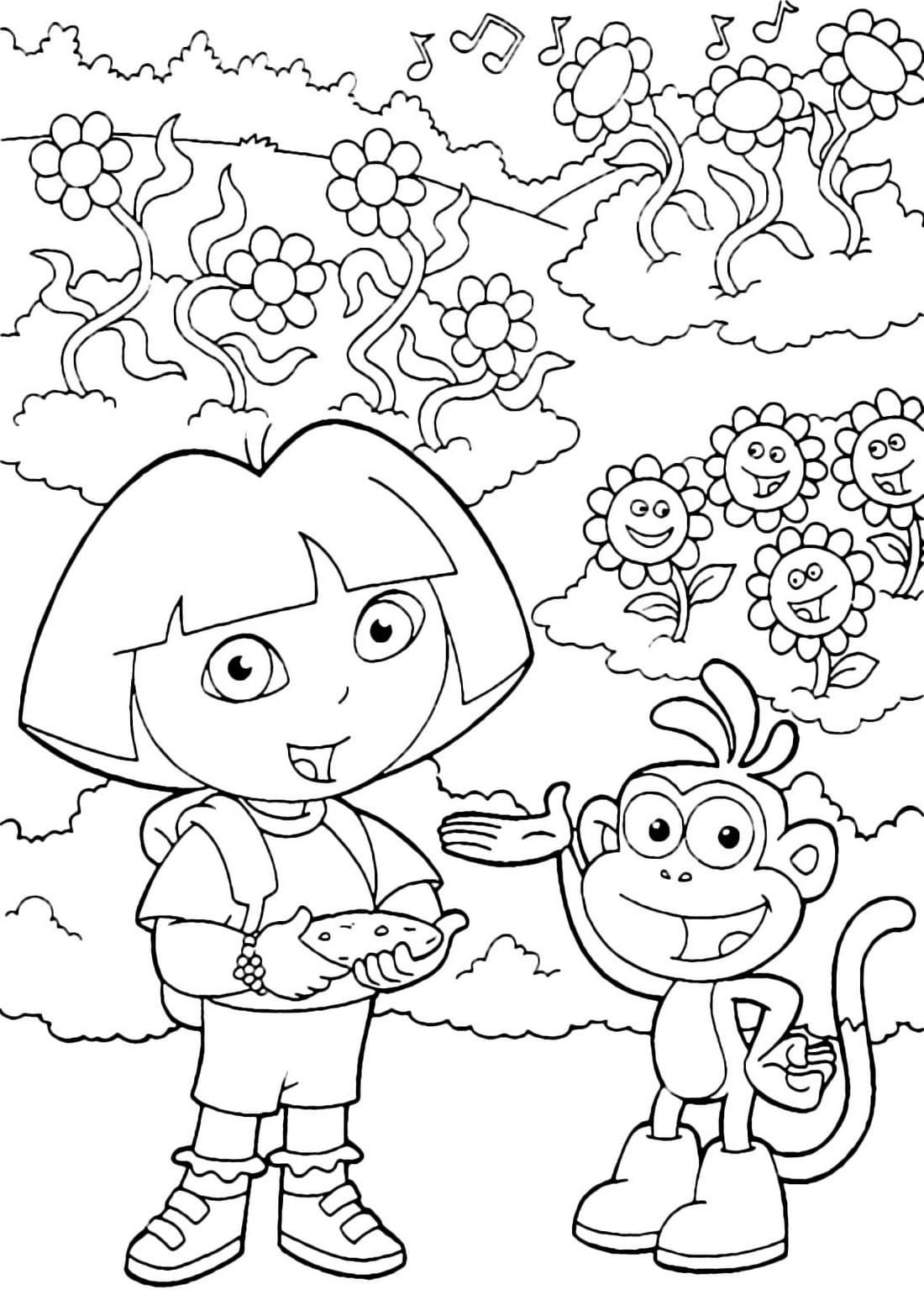 Dora the Explorer and Boots in the garden coloring pages