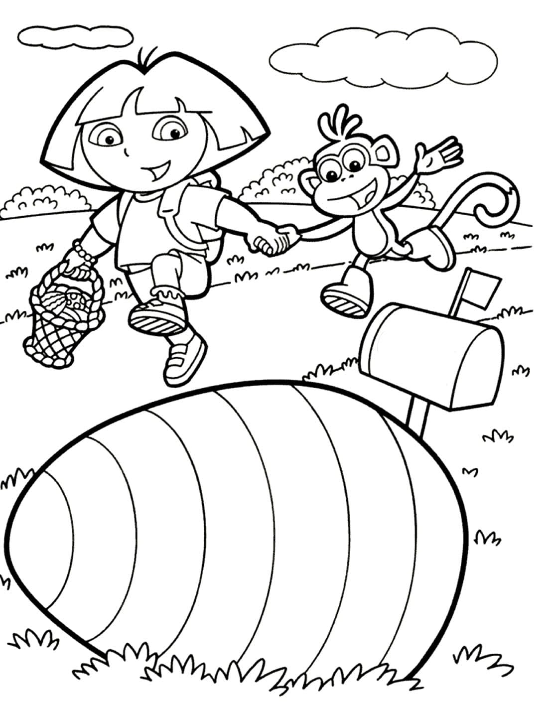 Dora the Explorer and Boots passing by a giant egg coloring pages