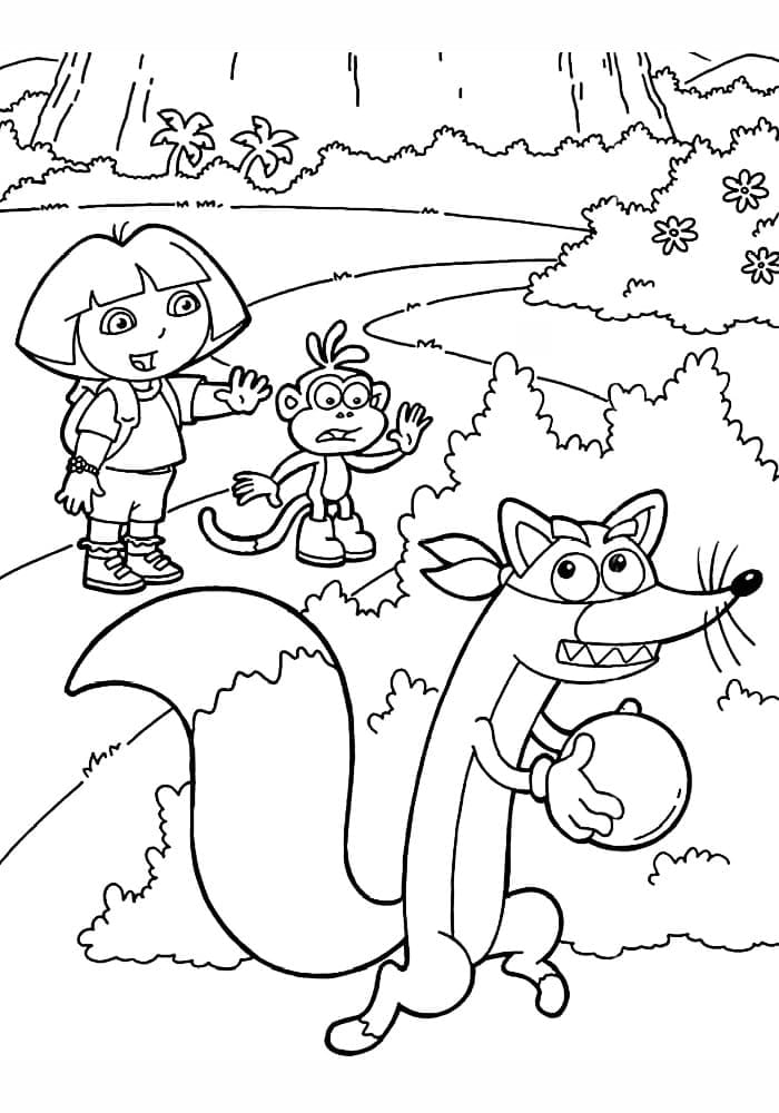 Dora the Explorer, Swiper, and Boots playing in the forest coloring pages