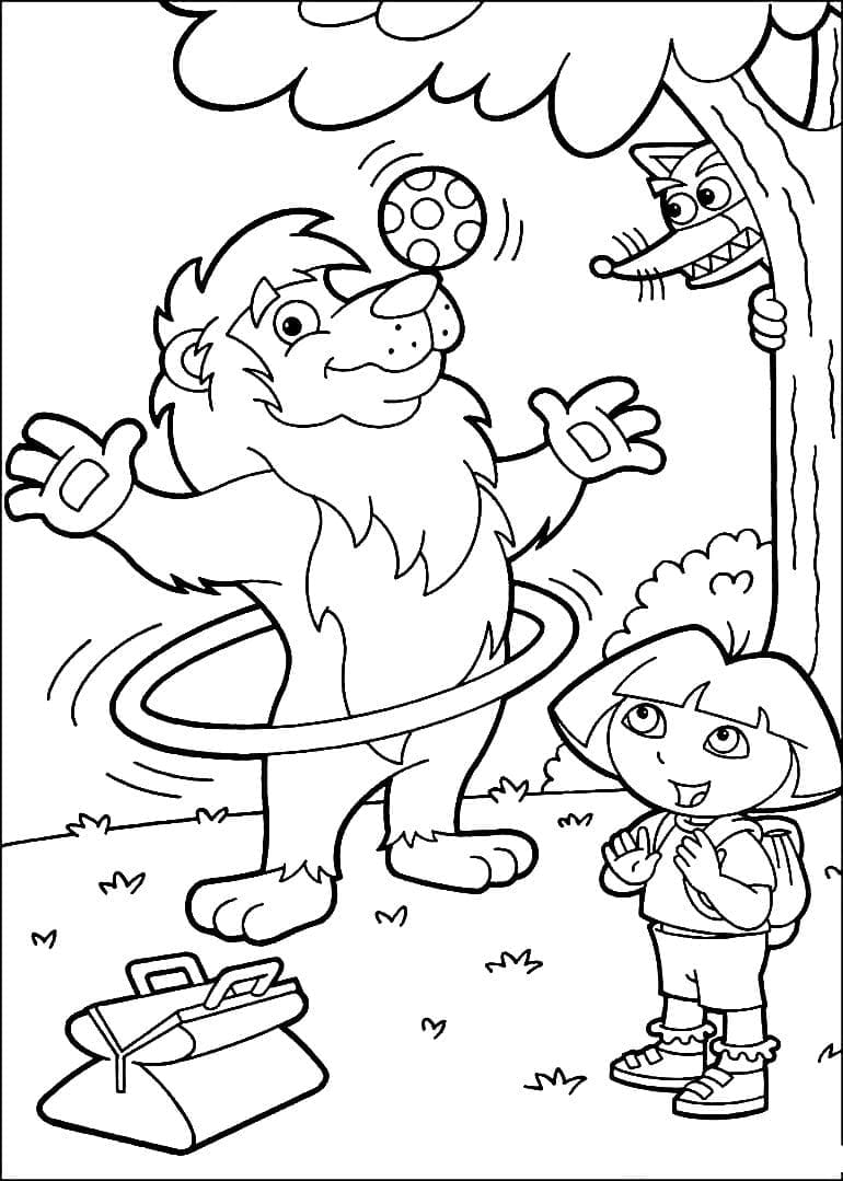 Dora the Explorer, Swiper, and Lion in the forest coloring pages