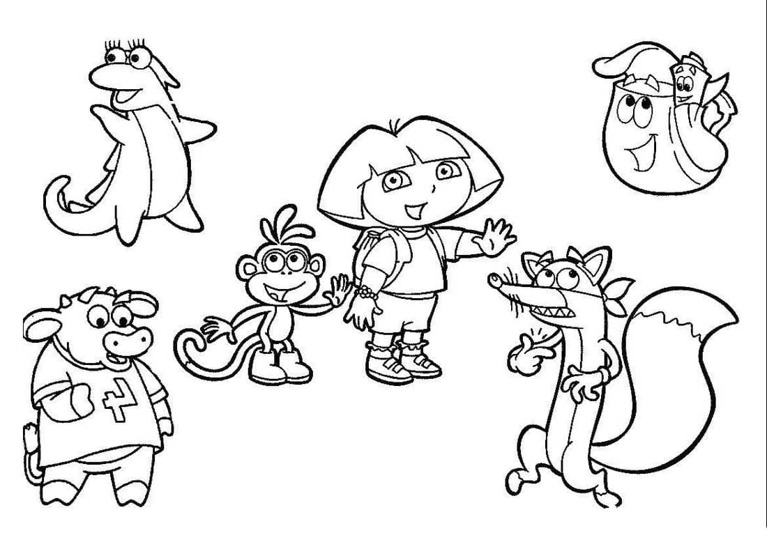 Dora the Explorer, Swiper, Benny, Isa, Backpack, and Boots coloring pages