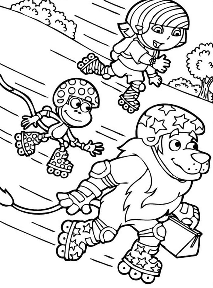 Dora the Explorer, Boots, and Lion ice skating coloring pages