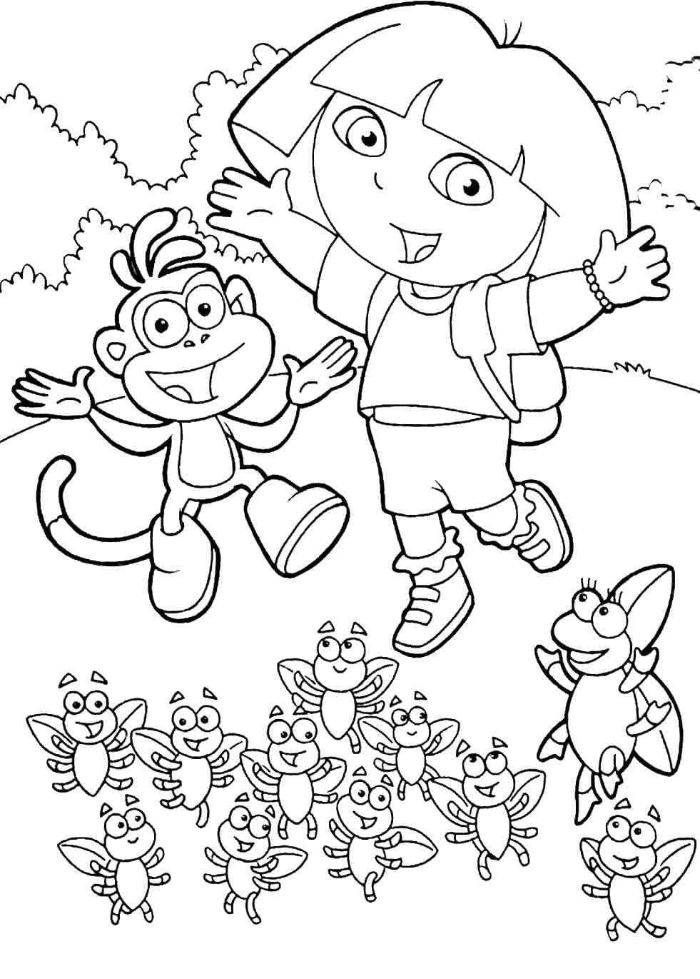 Dora the Explorer and Boots with several ladybugs in the forest coloring pages