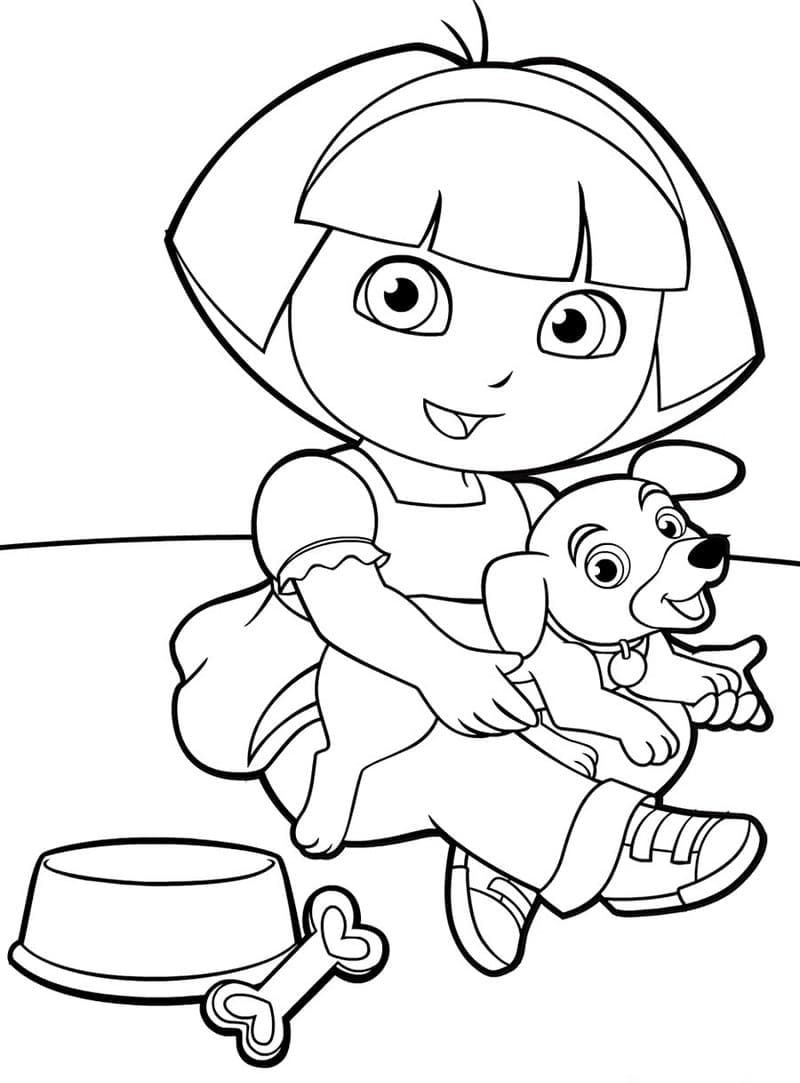 Dora the Explorer sitting with Perrito coloring pages