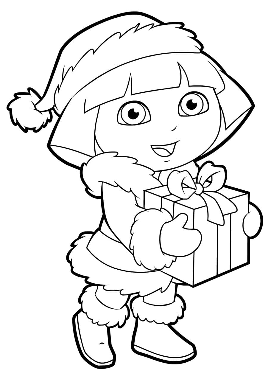 Dora the Explorer with a present coloring pages