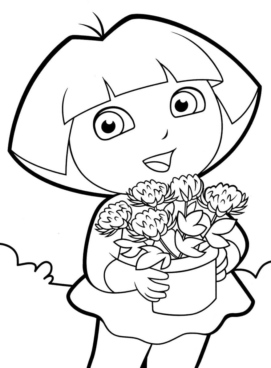 Dora the Explorer with a jar of flowers coloring pages