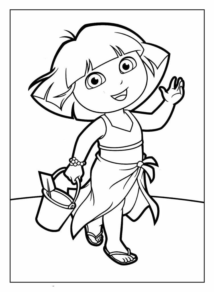 Dora the Explorer on the beach with a bucket coloring pages