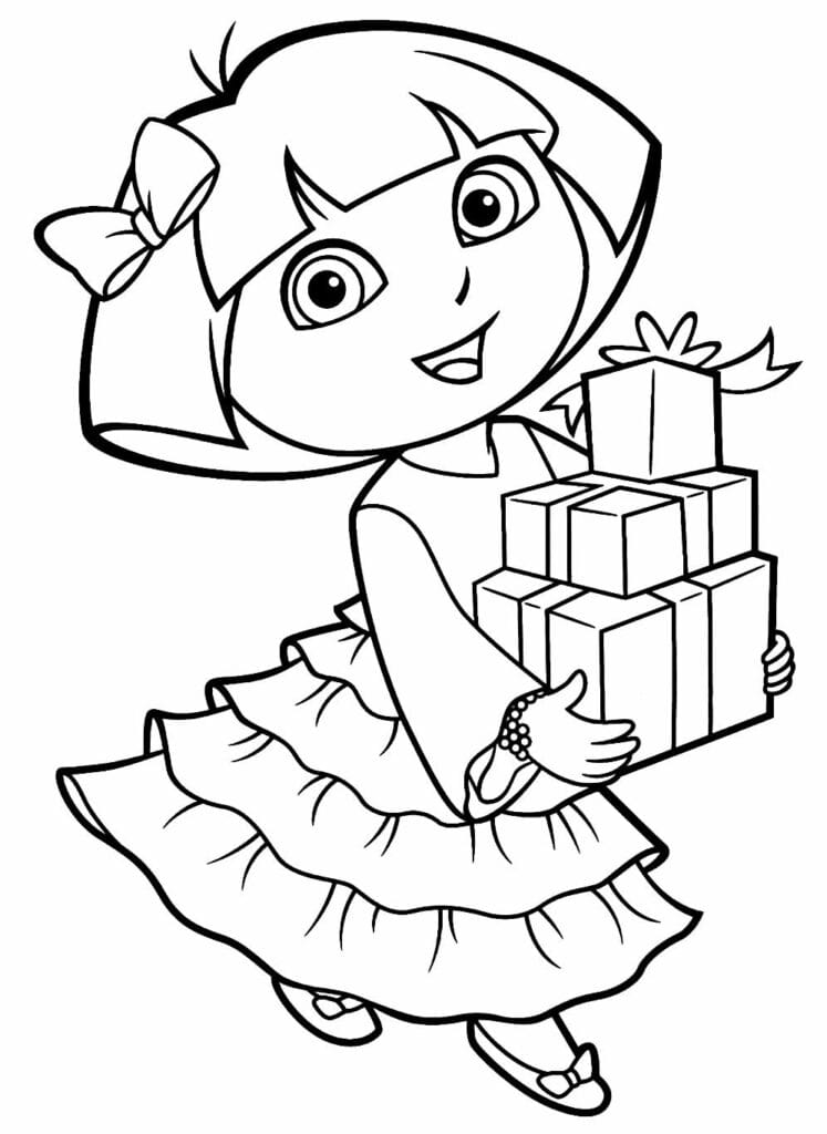 Dora the Explorer with a gift box coloring pages