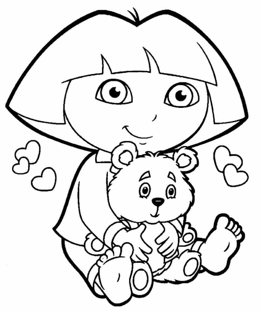 Dora the Explorer sitting with a teddy bear coloring pages