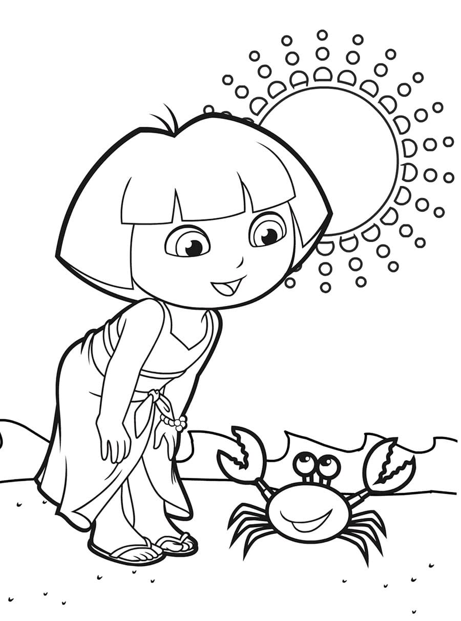 Dora the Explorer admiring a crab coloring pages