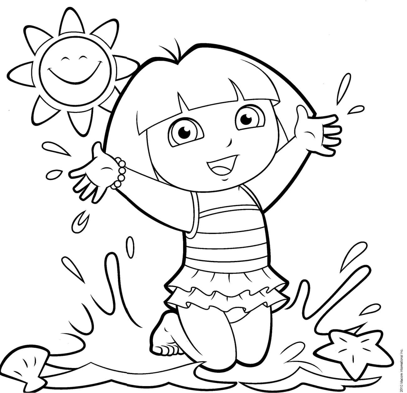 Dora the Explorer kneeling in a puddle coloring pages