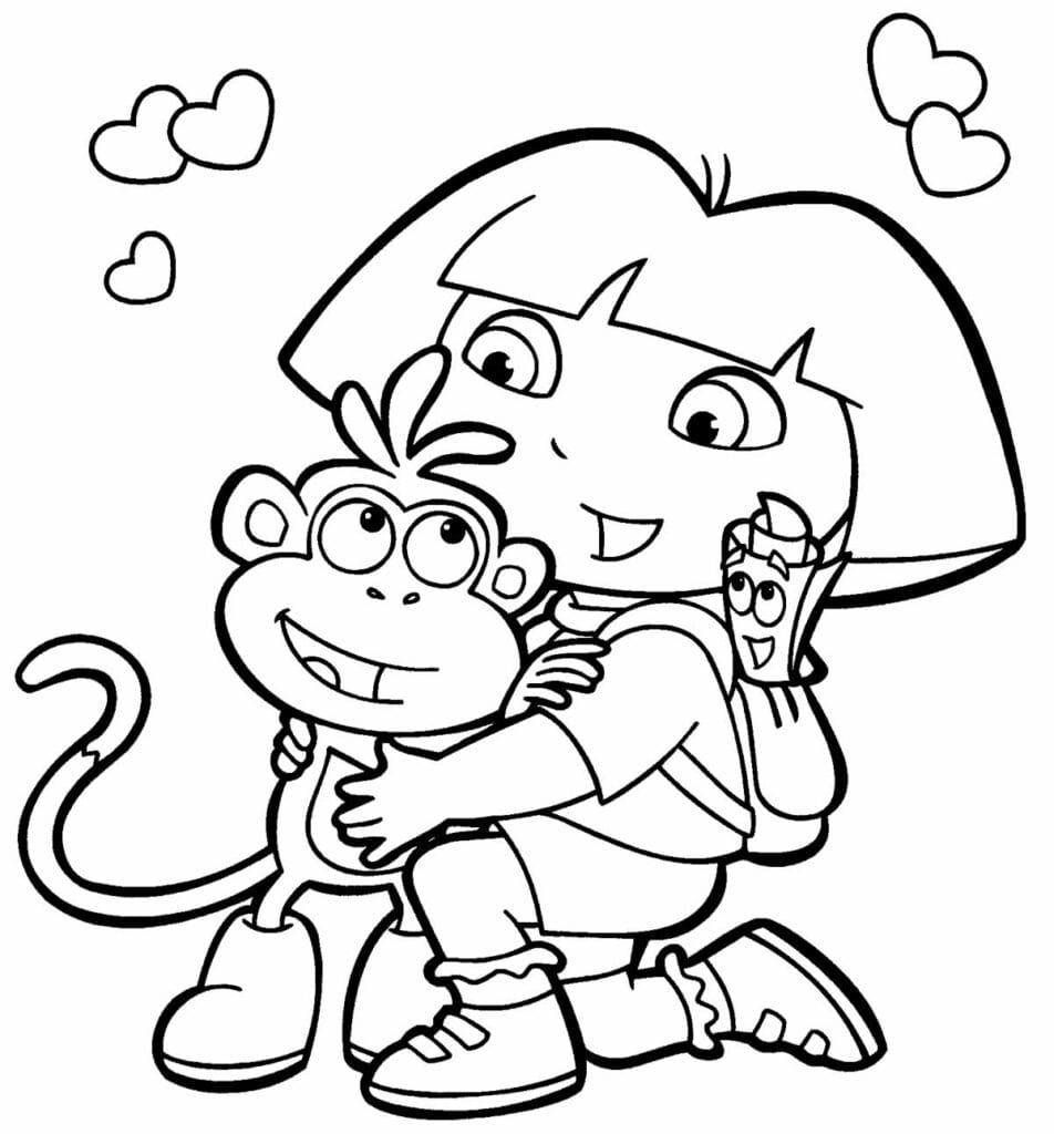 Dora the Explorer hugging Boots coloring pages