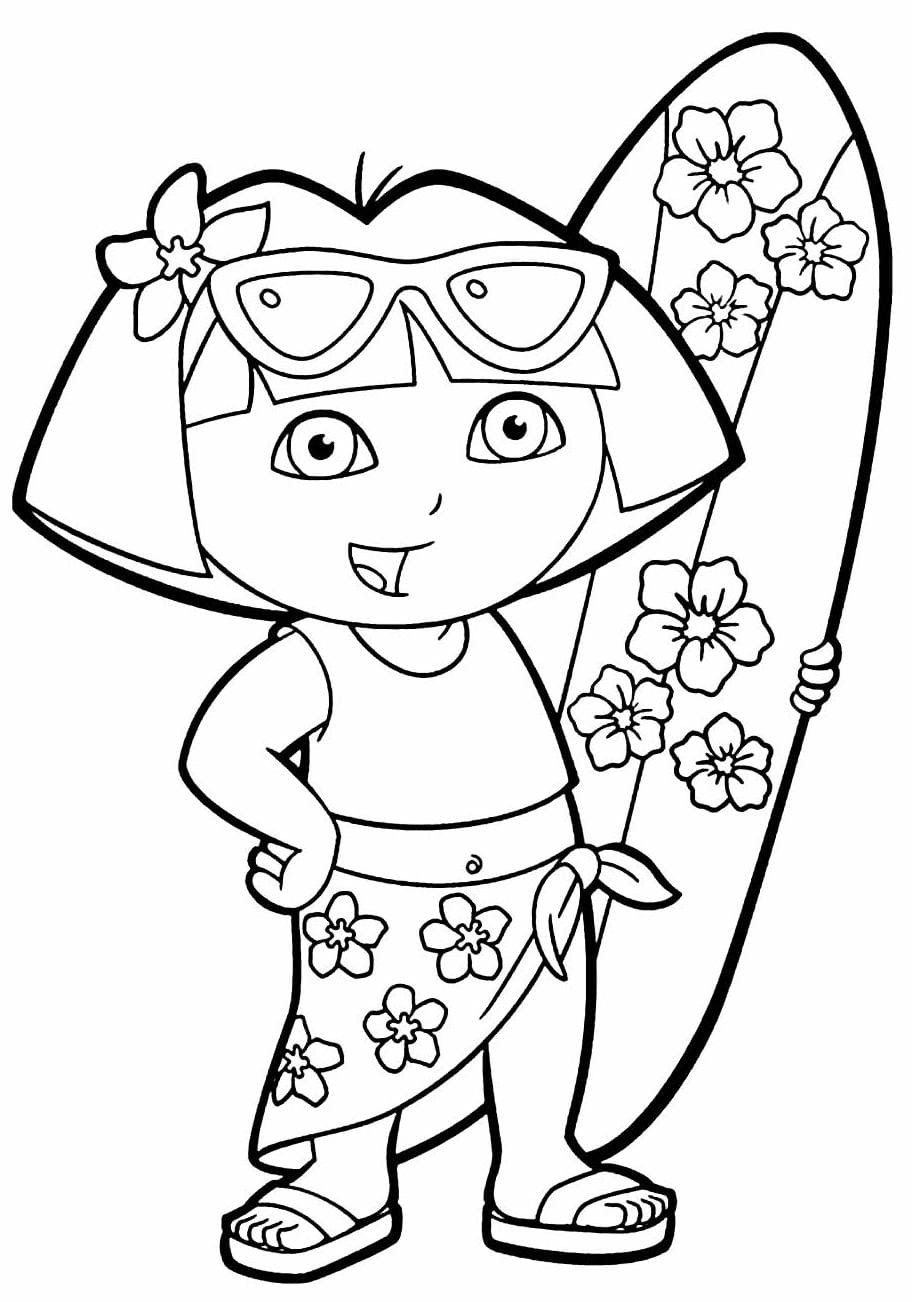 Dora the Explorer holding a surfboard coloring pages