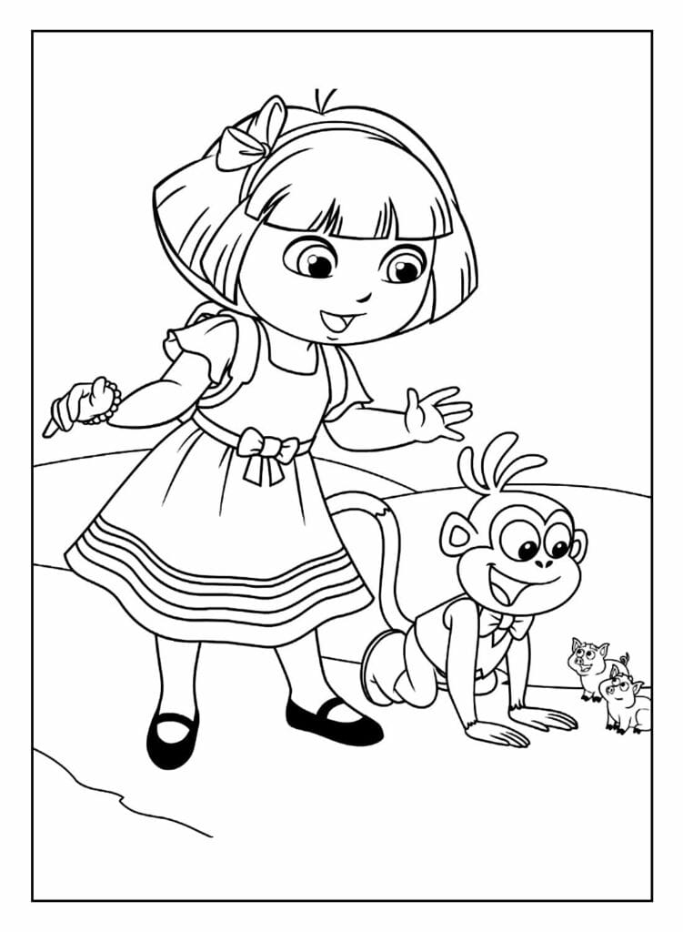 Dora the Explorer and Boots looking at pigs coloring pages