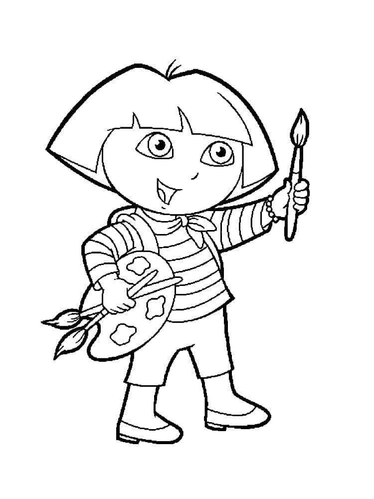 Dora the Explorer holding a color palette coloring pages