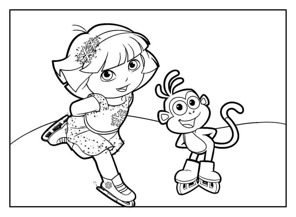 Dora the Explorer and Boots on roller skates coloring pages