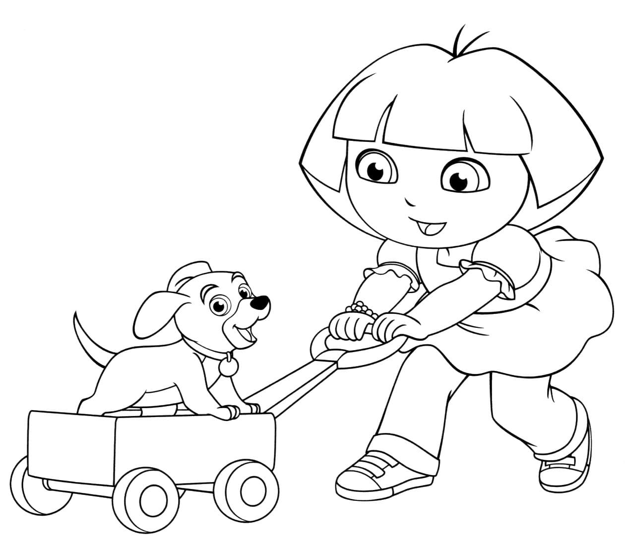 Dora the Explorer pulling Perrito in a box coloring pages