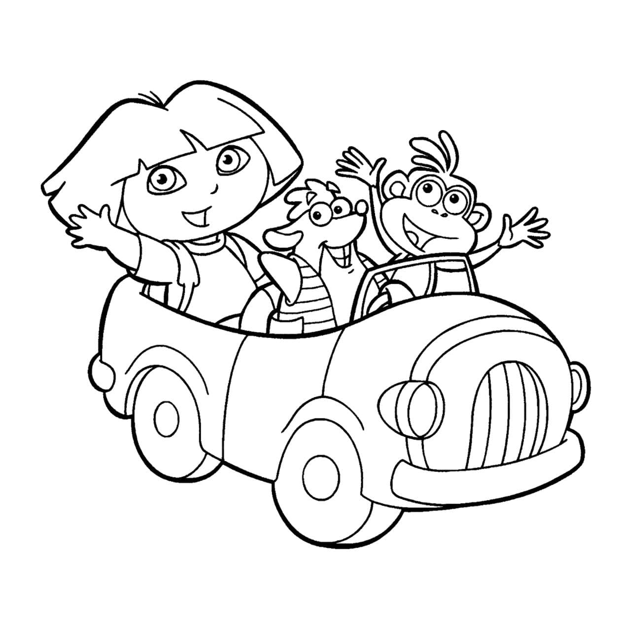 Dora the Explorer, Boots, and Isa riding in a car coloring pages