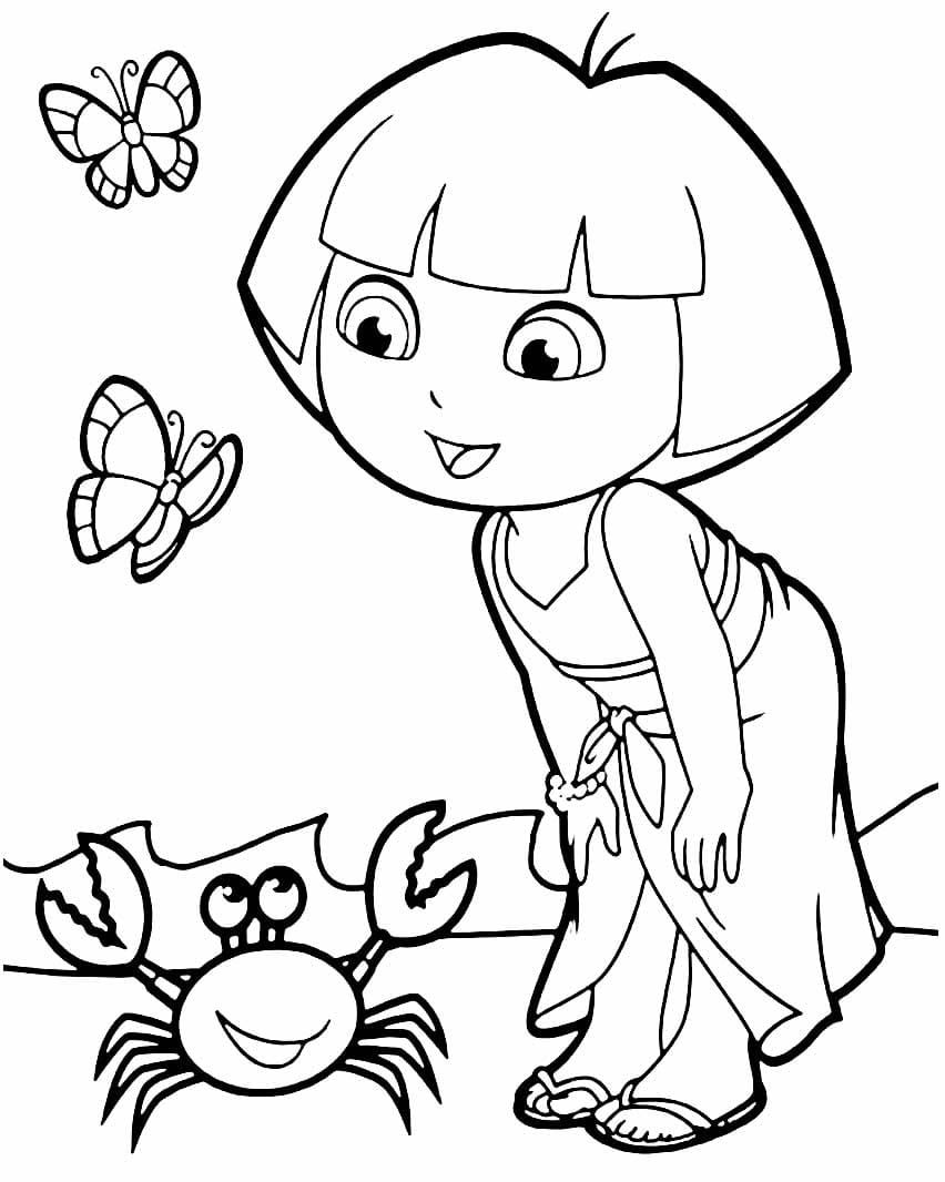 Dora the Explorer admiring butterflies and a crab coloring pages