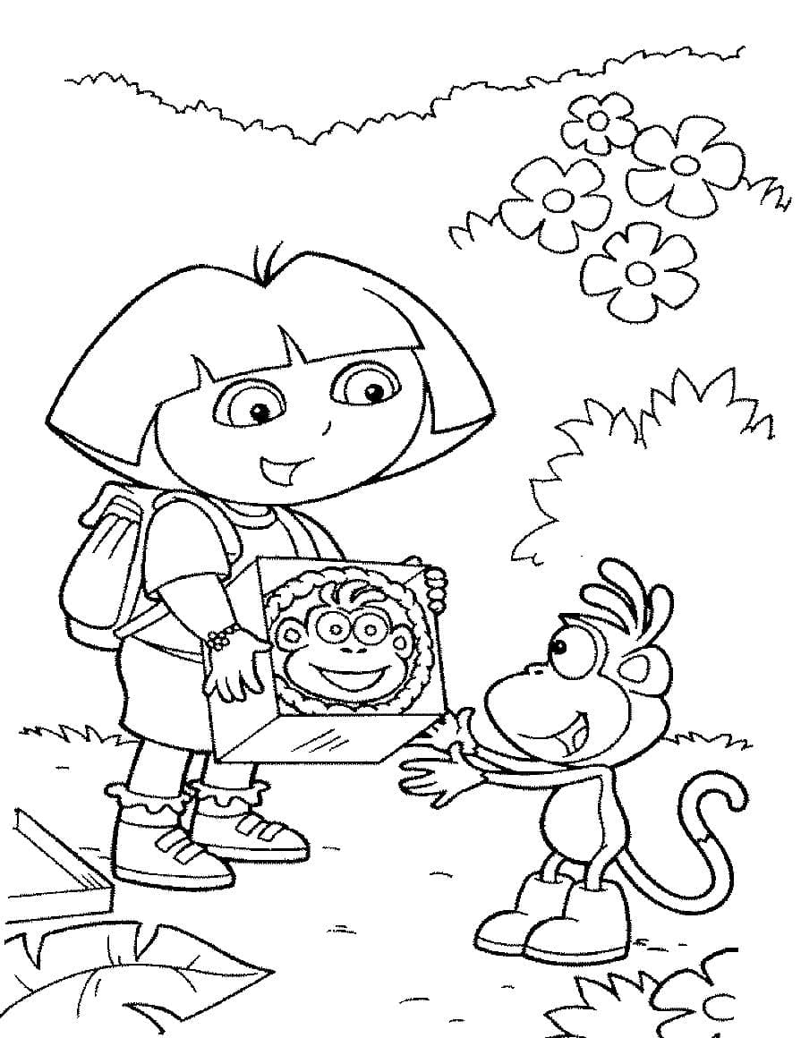 Dora the Explorer and Boots in the forest coloring pages