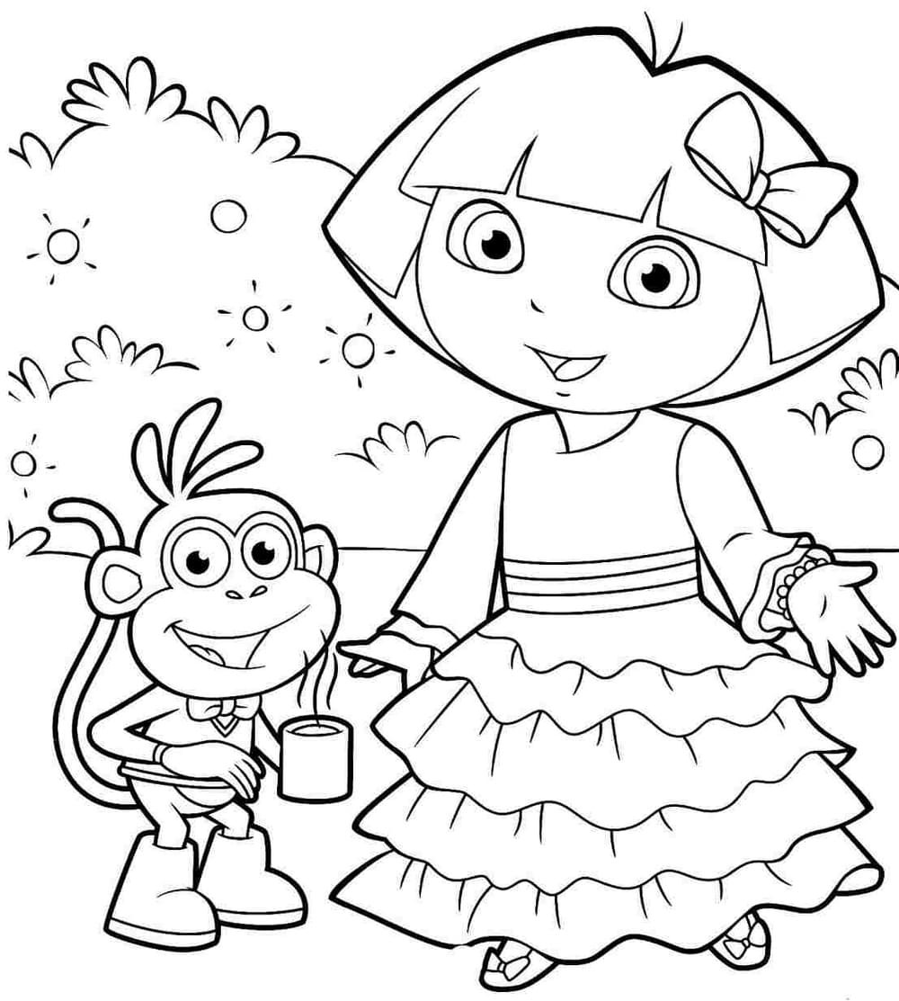 Dora the Explorer in a dress with Boots coloring pages