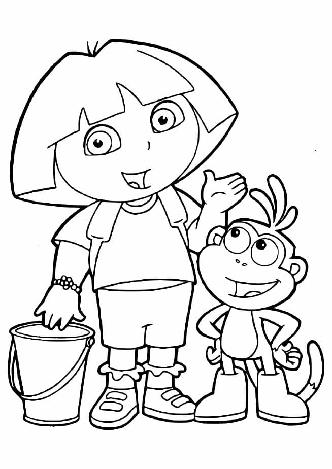 Dora the Explorer and Boots with a bucket coloring pages