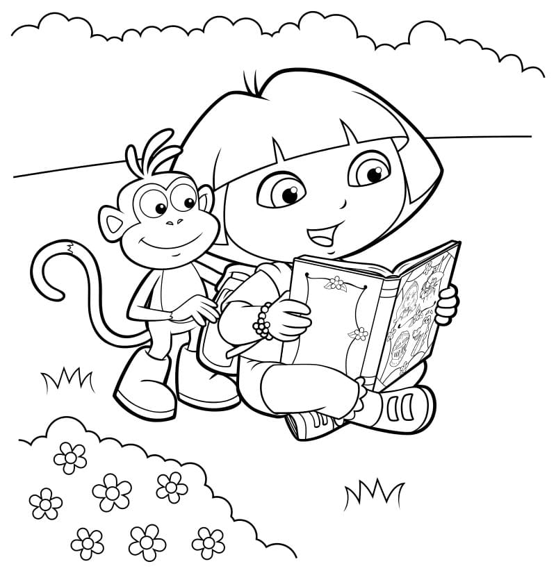 Dora the Explorer and Boots reading a book coloring pages